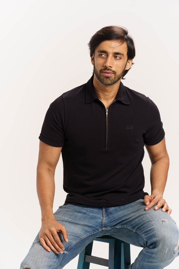 Organic Cotton Pique Zippered Collar T-Shirt
